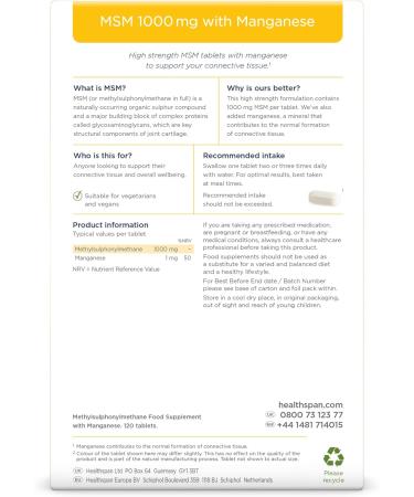 Healthspan MSM 1 000 mg with Manganese | Vegan Sulfur Supplement for Joint Health | 120 Tablets - Buy Online on GoSupps.com