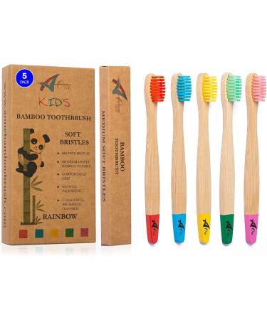 Bamboo toothbrushes for children |Bio & environmentally friendly |5 pack in rainbow colors |Soft and gentle BPA-free bristle |Natural wood toothbrush for children |Biodegradable