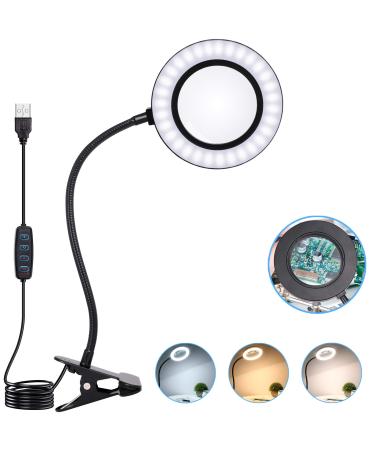 10X Magnifying Glass Lamp with Light Magnifier Light with Clip, Adjustable Flexible Gooseneck, 3 Color Modes Magnifying Lamp with USB Powered, Perfect for Daily Hobbies Repairing, Reading, Crafts