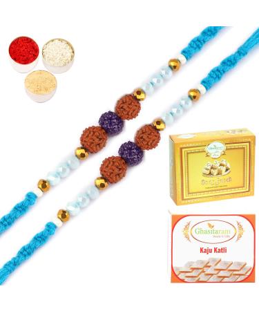 Ghasitaram Gifts Rakhi for Brother Rakhis Online - Set of 2-1907- Rudraksh Rakhi with 200 GMS of Kaju katli and 200 GMS of Soan Papdi