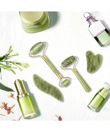 4-pcs Jade Roller & Gua Sha Set for Anti-aging & Firming - Green Jade Stone Massager for Face & Neck Rejuvenation, Wrinkle Removal, and Eye Puffiness Reduction - Buy Online on GoSupps.com