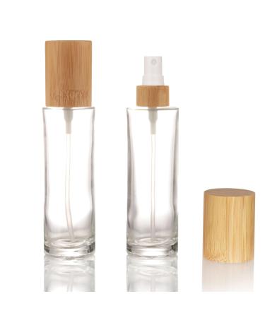 COSIDEA 4 pcs Empty 3.3oz / 100ml bamboo lid clear glass spray bottle with fine mist despenser head for liquid perfume toiletries toner bottles 20 neck 100ml With Spray Pump