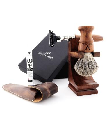 JAG Shaving Razor Set - Sustainable 4 -part razor set made of wood - Super roof hair shaving brush - 3 razor blades of razor plane - shaving stand - leather bag for razor planes