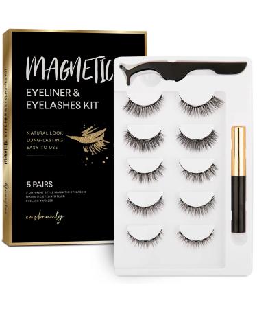 easbeautyNaturals Upgraded Magnetic Eyelashes with Eyeliner Kit, Magnetic Lashes Natural Kit, False Lashes 5 Pairs with Tweezers, Easy to Wear