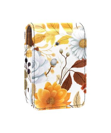 Lipstick Case Leather Lip Gloss Lipstick Organizer with Mirror Mini Lipstick Holder Bag Autumn Flowers Blossom Leaves O318e8pznl
