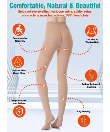 MGANG Waist High Compression Pantyhose | 15-20mmHg | Closed Toe | Firm Support for Varicose Veins, Edema, Swelling | Nursing | Beige Medium - Buy Online on GoSupps.com