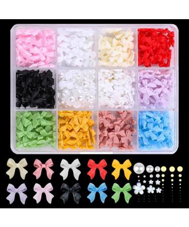 1000PCS 3D Colorful Bow Nail Charms and Gems Flatback Pearls Nail Bows Charm Cute Nail Jewels Nail Pearls for Nail Art Jewel Stones DIY Decoration Art Rhinestones (Set 1)