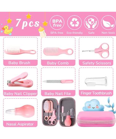 Baby Healthcare & Grooming Kit 7-in-1 | Nail Clipper, Brush, Comb, Scissors, File, Nasal Aspirator, Toothbrush | Pink Baby Safety Care Set - Buy Online on GoSupps.com
