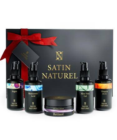 Christmas Gifts for Women - Gifts for her with Hyaluronic Acid Serum for Face + Vitamin C Serum + Aloe Vera Gel + Argan Oil + Moisturiser 5x30ml Gift Set Women - Gifts for Mum - Satin Naturel