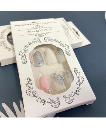 Buy Silver Glitter Press on Nails - Medium Square Fake Nails with Rhinestones | Glossy Pink & White Artificial Nails for Women & Girls | Reusable DIY Manicure - Buy Online on GoSupps.com