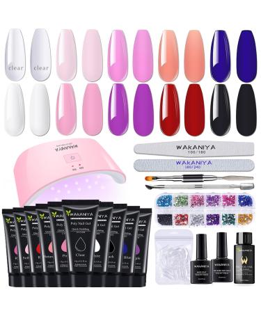 Poly Gel Nail Kit with Lamp 10 Colours Quick Nail Extension Enhancement Builder Gel Easy Poly Gel Kit for Beginners DIY French Ombre Nails Art with Slip Solution Forms Rhinestone Clear White Purple Blue Pink Colours C