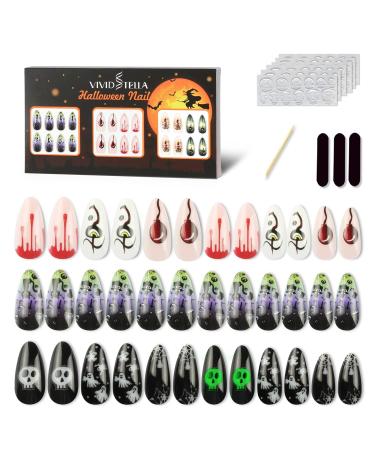 Vivid Stella Luminous Almond Tips - 72pcs Black Skull Nail Art for Halloween | Full Cover Spirit Fingernail Decor for Women - Buy Online on GoSupps.com
