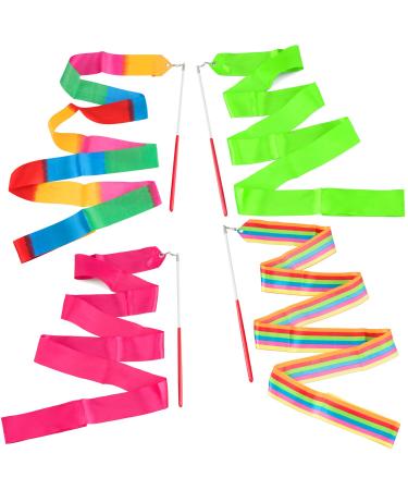 ANCIRS 4 Pack 2-Meter Dance Ribbons Rainbow Streamers Rhythmic Gymnastics Ribbon Baton Twirling Wands on Sticks for Kids Artistic Dancing 4 Mixed Colors