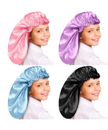 4 Pieces Kids Braid Bonnet for Sleeping Long Hair Bonnet for Girls Double Layer Teen Child Sleeping Cap Wavy Elastic Satin Bonnet for Girls Toddler Sleep Hair Wrap  4 Colors