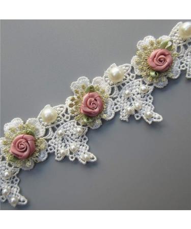 1 Yard Vintage Gold Pearl Rose Flowers Embroidered Lace Trim Fabric Floral Appliques Lace Ribbon Bridal Ornaments Handmade DIY Sewing Supplies Craft for Costume Hat Decoration 1.96 Wide