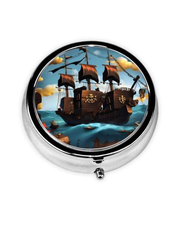 Cartoon Pirate Shipround Pill Box 3 Compartments Round Pill Box Organizer for Purse Or Pocket Portable Travel Pill Box