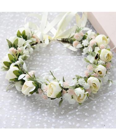 Hjhiwe Adjustable White Rose Bridal Crown - Boho Floral Headdress for Weddings & Photography - Rustic Beige Headband for Brides & Girls - Buy Online on GoSupps.com