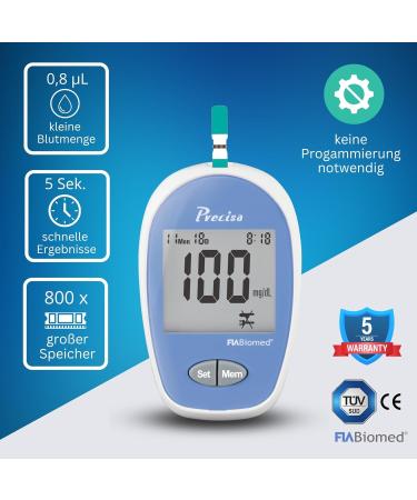 Fiabiomed Precisa - Certified Blood Sugar Measuring Device Set with 100 Test Strips & Lanzetten | High-Precision Diabetes Monitor for Home Use - Includes Stechhilfe & Carrying Case - Buy Online on GoSupps.com
