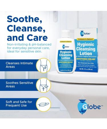 Globe (3 Pack Hygienic Cleansing Lotion for Men and Women -Discomfort, Pain & Itch Relief for Sensitive Areas, Cooling, Non-Irritating Gentle Personal Care Cleanser, Convenient for Travel, 3oz Bottle - Buy Online on GoSupps.com