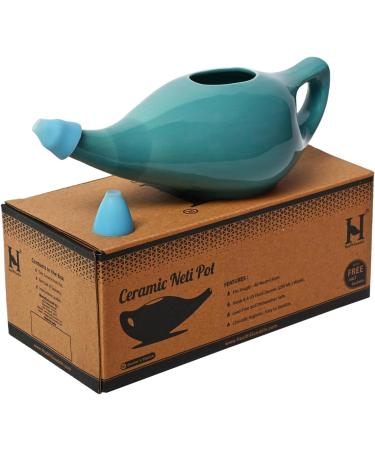 HealthGoodsIn - Porcelain Ceramic Neti Pot for Nasal Cleansing Turquoise | Neti Pot with 5 Sachets of Neti Salt + Instructions Leaflet | Natural Treatment for Sinus Infection and Congestion - Buy Online on GoSupps.com