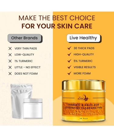 Live Healthy The Original Kojic Acid & Turmeric Cleansing Pads - Exfoliating Brightening Face Scrub Pad Clears Acne - Turmeric Cleansing Pads for Dark Spots with Vitamin C - Made in USA | 30 Count - Buy Online on GoSupps.com
