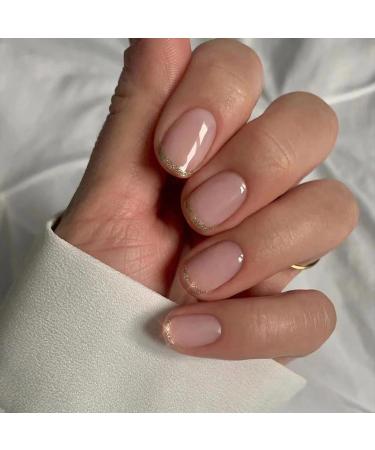 Justotry 24 pieces gold glitter French nails to stick on short motif nude angular press on nails glossy artificial nails square fingernails finger nails for women nails art 09 gold & glitter1