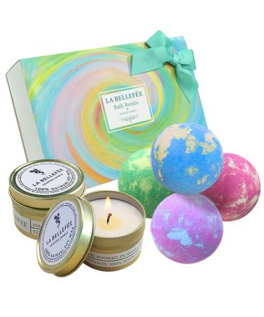 Bath Bombs Scented Candles Set, Handmade Essential Oil Relaxing Bathbombs, Bubble Spa. Bath Bombs for Women Gifts for Women. Fizzy to Moisturize Dry Skin (4 Bath Bomb+2 Candles) Lavender, Nectarine Blossom & Honey, Vanilla