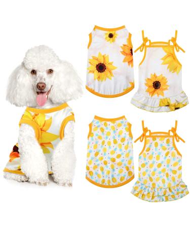 4 Pieces Pet Clothes Set Include 2 Pieces Cute Pet Dress Lovely Fruit Dog Dress and 2 Pieces Dog Shirt Breathable Pet T-Shirt Puppy Clothes Shirt for Pet (Pineapple, Sunflower,Large) Pineapple, Sunflower Large