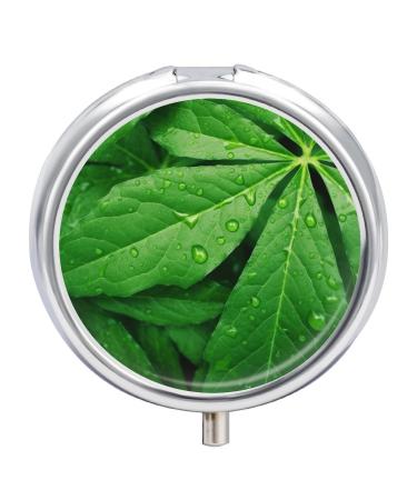 Pill Box Pill Case 3 Compartment Travel Pill Box Green Leaves Printing Small Pill Box Portable Medicine Pill Case Pill Organizer for Purse & Pocket for Travel Handbag (Round)