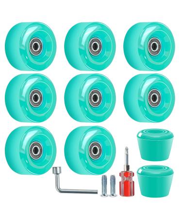 Nezylaf 8 Pack 32 x 58/65 x 36mm, 82A/78A Quad Roller Skate Wheels with Bearing Installed and 2 Toe Stoppers for Double Row Skating,Replacment Accessories Suitable for Outdoor or Indoor Cyan 82A,32 x 58mm