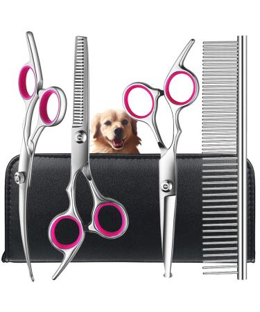 Dog Grooming Scissors Kit with Safety Round Tips, TINMARDA Stainless Steel Professional Dog Grooming Shears Set - Thinning, Straight, Curved Shears and Comb for Long Short Hair for Dog Cat Pet