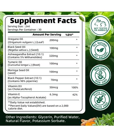 Oil of Oregano with Black Seed Oil | 8 in 1 Organic Oregano Oil Drops with Ashwagandha Moringa & Turmeric | Natural Herbal Supplements for Immune Support & Stress Relief | Vegan Friendly 2 Fl Oz - Buy Online on GoSupps.com