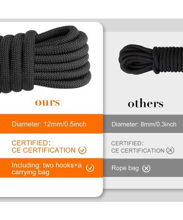 12mm Static Climbing Rope Set with Steel Hooks and Bag - Outdoor Climbing Equipment for Fire Rescue - Black 65FT - Buy Online on GoSupps.com