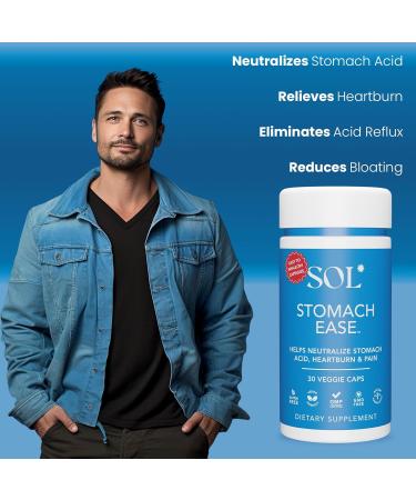 Stomach Ease Supplement with Turmeric - Digestive Relief Heartburn Aid & Acid Neutralizer - 30 Easy Swallow Capsules | SOL Nutrition - Buy Online on GoSupps.com