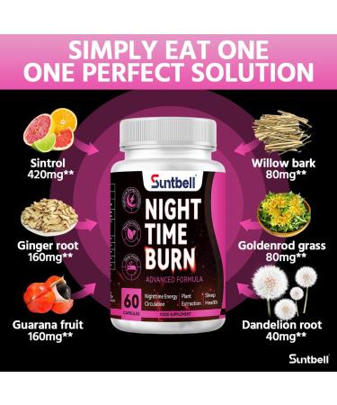 Suntbell Night Time Burn Natural Weight Management Supplement for Women& Men with Sinetrol Guarana & Ginger 60 Capsules 30 Days Supply - Buy Online on GoSupps.com