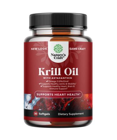Antarctic Krill Oil Softgels - High Absorption Krill Oil Omega 3 Fatty Acid Supplement with Potent EPA DHA Astaxanthin and Phospholipids - Wild Caught Burpless Fish Oil Omega 3 Supplement (30 Count) 30 Count (Pack of 1)