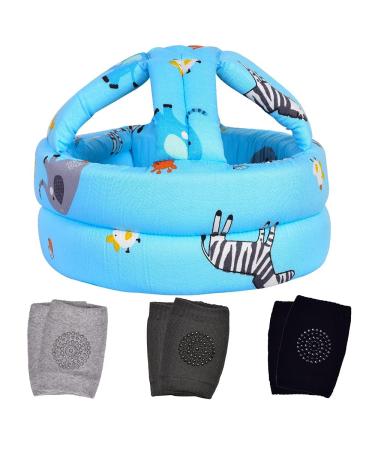 Baby Head Protector & Baby Knee Pads for Crawling Infant Safety Helmet & Walking Baby Helmet for Age 6-36 Months Blue Zoo(1+3)