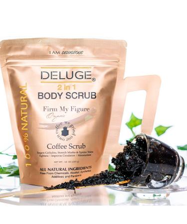 Deluge Coffee Scrub for Cellulite and Stretch Marks - Hydrating Treatment with Shea Butter, Coconut Oil, and Dead Sea Salt - Firms, Tones, and Moisturizes Skin - 10 oz - Buy Online on GoSupps.com