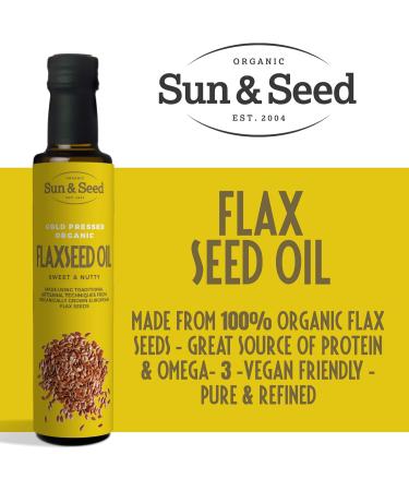 Organic Flax Seed Oil (Cold Pressed) by Sun & Seed - 250ml - Made from 100% Organic Flax Seeds - Great Source of Omega-3 - Vegan Friendly - Pure & Refined - Buy Online on GoSupps.com