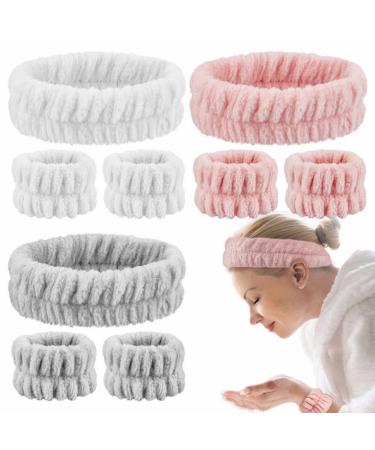 TUZAZO 9 PCS Face Wash Headband Wristband Set  Spa Headband Microfiber Makeup Headband Wrist bands for Women Girls Washing Face  Skincare (Pink  White  Grey)
