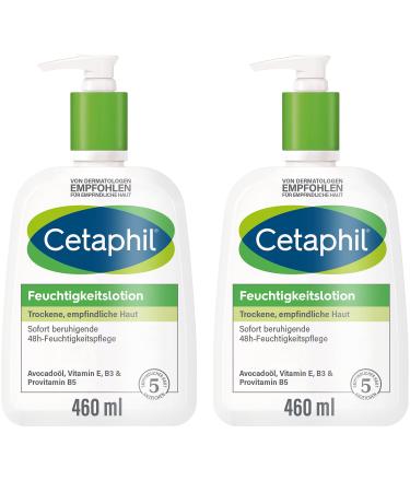 Galderma CETAPHIL Moisture Lotion 2 x 460 ml for dry sensitive skin provides a supple skin feeling and lasting moisture for up to 48 hours clinically tested on sensitive skin 460 ml 2 per pack