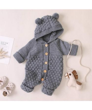 Haokaini Newborn Baby Winter Romper 12-18 Months Grey - Ear Hooded Knitted Snowsuit - Buy Online on GoSupps.com