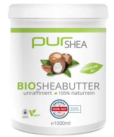 Purshea-bio shea butter 1000ml-uncolored cold-pressed-100% natural left without additives vegan perfume-free- pure organic shea butter from ghana-shea-shea butter-premium quality (a+) (unrollened) - Buy Online on GoSupps.com