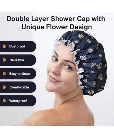 SARG Premium Double Layer Shower Cap for Women | Unique Flower Design | Reusable & Waterproof | Ideal for Long, Short, and Curly Hair - Blue - Buy Online on GoSupps.com