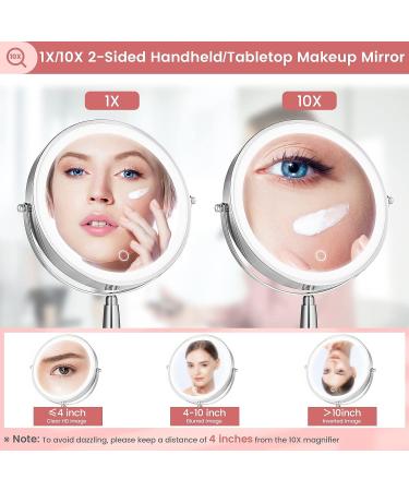 Mirrormore 9 Large Lighted Makeup Mirror | 3 Color LED Dimmable Lighting | 1X/10X Rechargeable Magnifying Mirror | 360 Rotation Vanity Mirror | Touch Screen Detachable Design | Senior Pearl Nickel - Buy Online on GoSupps.com