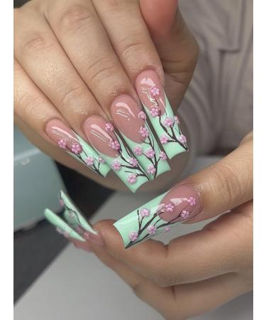 24pcs Peach Flower Coffin Fake Nail Flower Tree Decor Press on Nails Pink Blue Coffin Nails Luxurious Nails Acrylic Nails Fake Nails For Women Girls