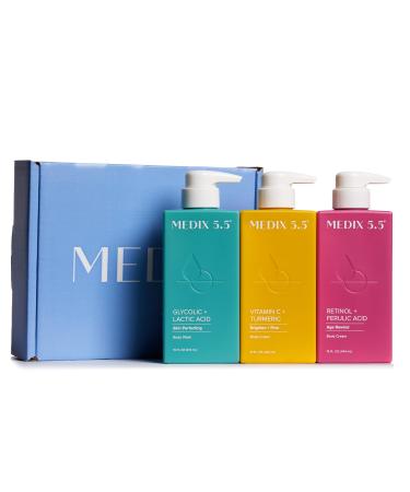 MEDIX Smooth & Glow 3PC Skin Care Set | Glycolic Acid Exfoliating Body Wash Gel + Brightening Vitamin C Cream + Firming Retinol Body Lotion Gift Box | Skin Care Products | Gifts For Women