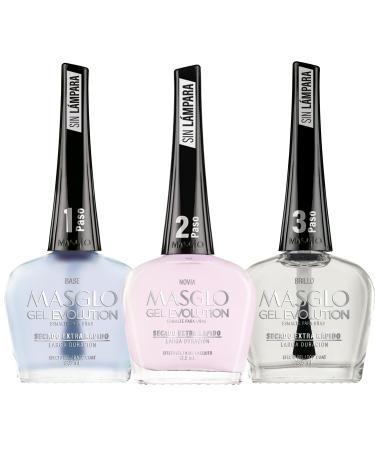 MASGLO GEL EVOLUTION Nail Polish Gel Effect  No UV/Led Lamp  Duration Up to 12 days  3 PCs - Kit Base  Esmalte Novia  Brillo - Efecto Gel sin necesidad de lampara UV/Led  hasta 12 d as de duraci n 0 5 Fl. Oz. Pink