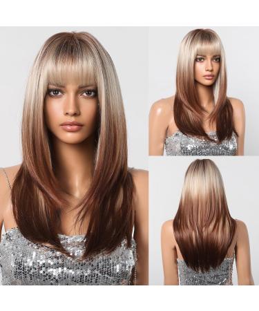 Testar brown blonde ombre wigs for women for women long straight layered wigs with pony natural synthetic heat -resistant ladies wigs for party cosplay