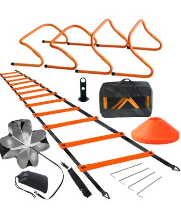 TOCO FREIDO Speed&Agility Training Set  20ft Agility Ladder Set with 12 Rungs, 4 Adjustable Training Hurdle, 12 Disc Cones, 2 Resistance Bands, 1 Running Parachute and Footwork Drills Equipment Dark orange